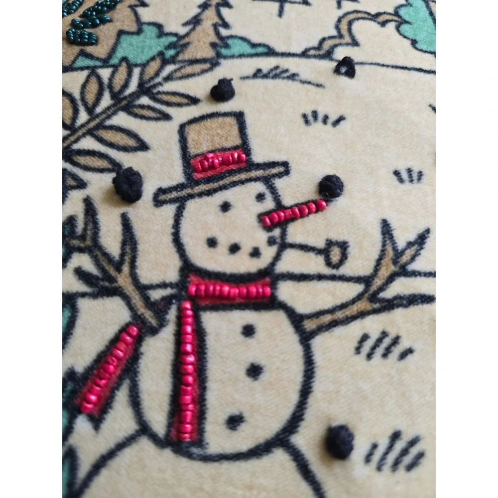 New Winter Landscape Beaded Throw Pillow Snowman Fox Mountain Scene Square Decor